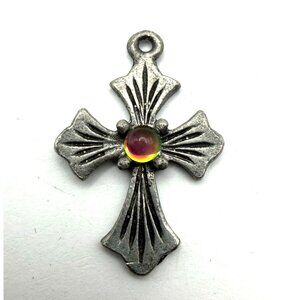 Vintage Gothic Cross Pendant Silver Tone Rainbow Glass Cabochon 2 Inch Medieval